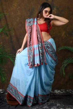 Premium Quality Sky Blue Begumpuri Cotton Saree With Kalka Design