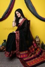 Premium Quality Black Hand Woven Saree With Beautiful Handwork Cotton Saree