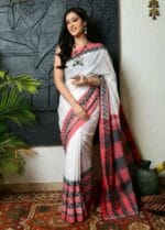 Premium Quality White Begumpuri Cotton Saree With Beautiful Work