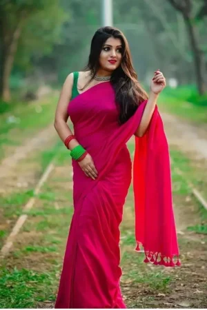 Premium Quality Stylish Pink Plain Cotton Saree(Model Blouse not included)