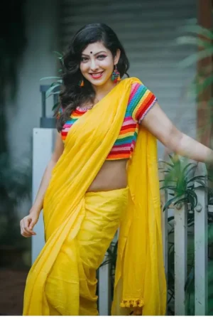Premium Quality Stylish Yellow Plain Cotton Saree(Model Blouse not included)