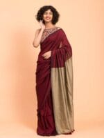Premium Quality Maroon and brown Cotton Sari
