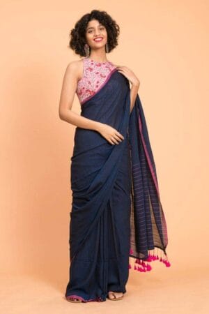Premium Quality Blue Cotton Saree and Pallu With Border
