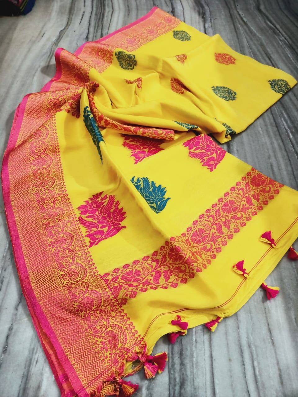 Attractive Yellow Linen Handloom Saree with Banarsi Design 1