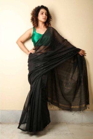 Premium Quality Blue Cotton Silk Saree With Sequence Work