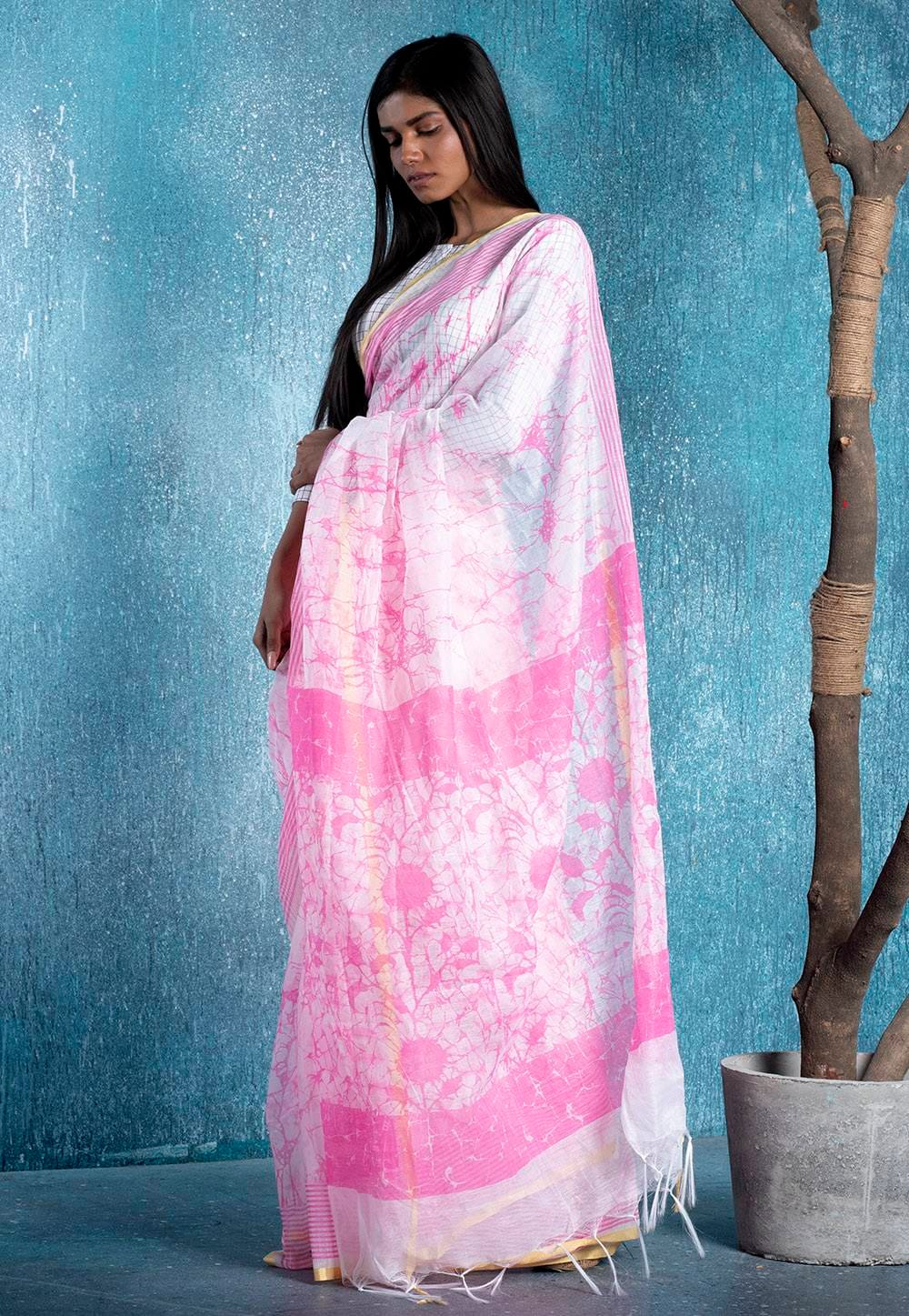 pink on white printed blended cotton saree 618fa375246a3 1636803445