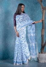 Premium Quality Blue Jamdani Printed Cotton Silk  Saree