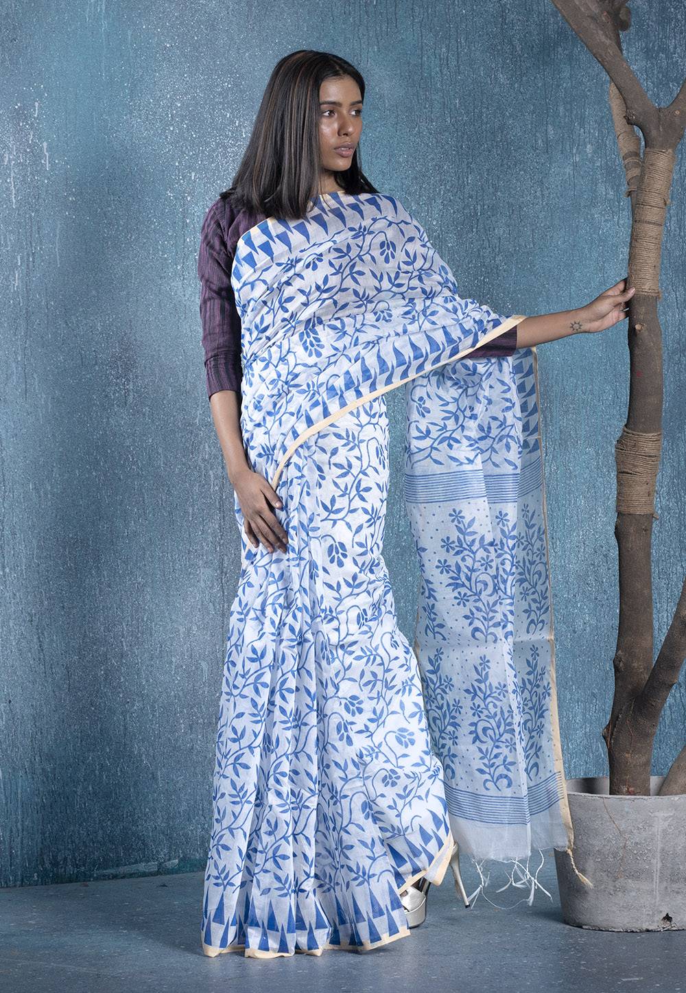 white and ink blue printed blended cotton saree 6190d3039966f 1636881155