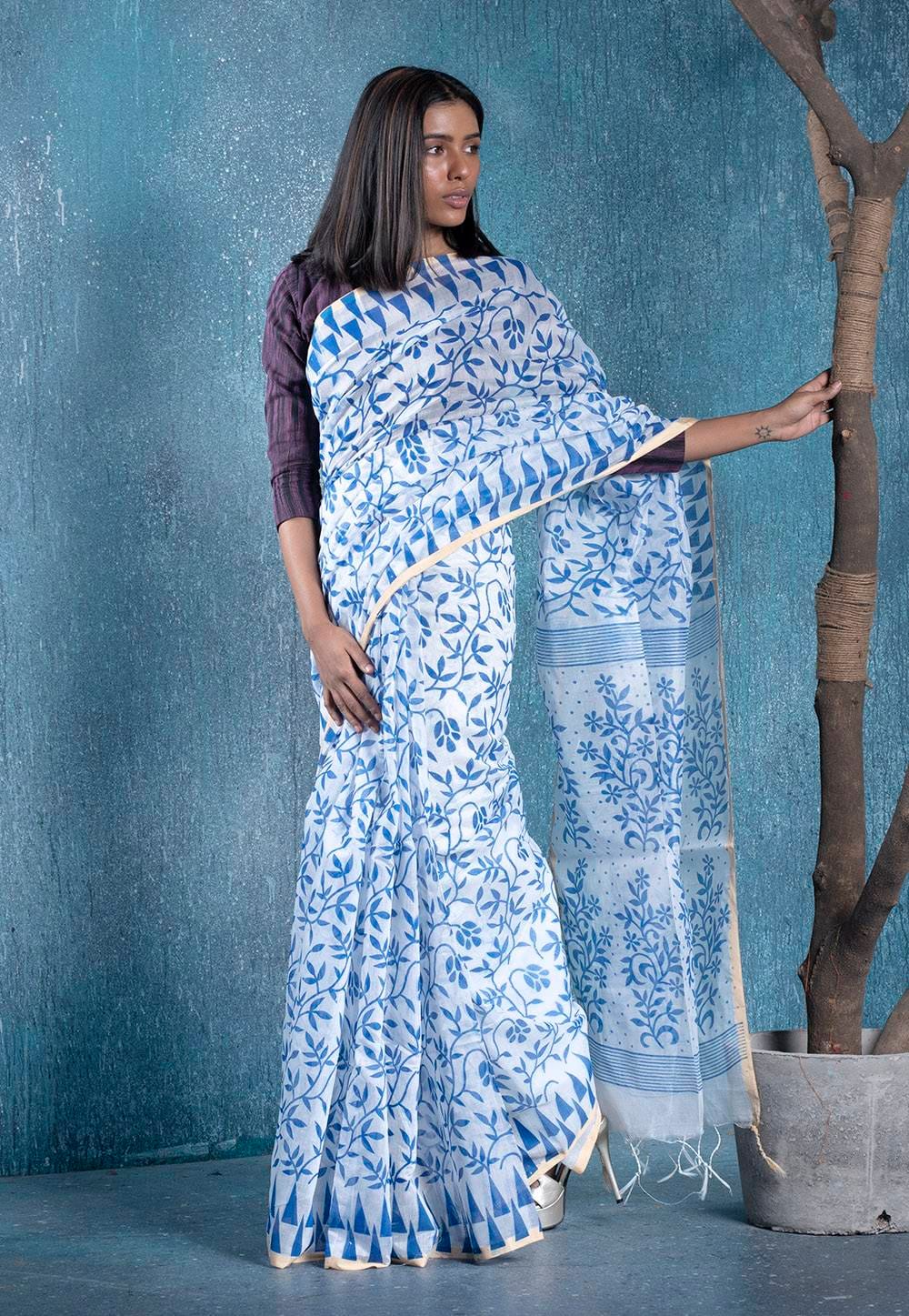 white and ink blue printed blended cotton saree 6190d3039966f 1636881155