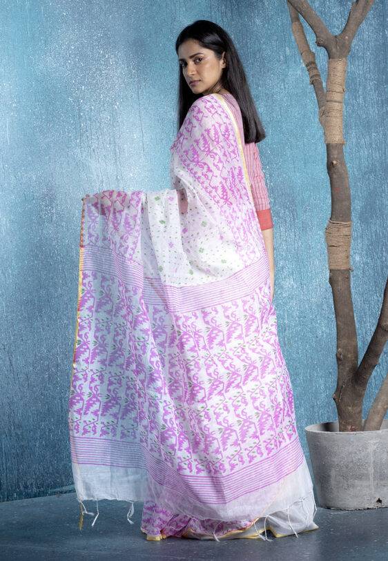 white and pionk jamdani print handloom blended cotton saree 618fa286761db 1636803206