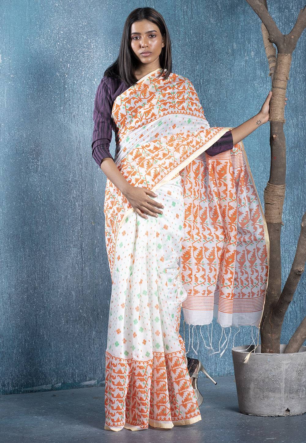 white and rust printed handloom blended cotton saree 6190d37273b6e 1636881266