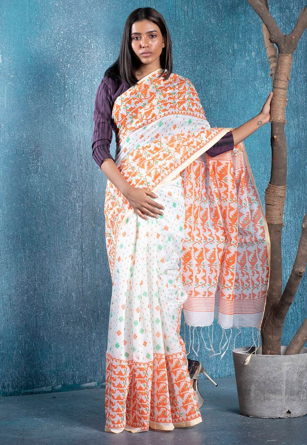 white and rust printed handloom blended cotton saree 6190d37273b6e 1636881266