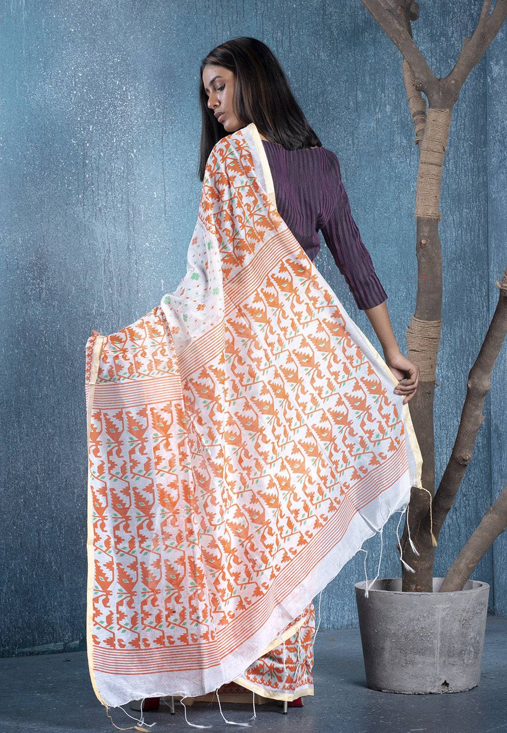 white and rust printed handloom blended cotton saree 6190d373080bb 1636881267