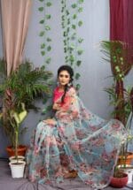 Premium Quality Floral Green Satin Silk Saree