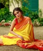 Premium Quality Traditional Bhumri Yellow and Red Cotton Saree