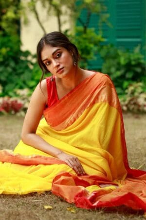 Premium Quality Traditional Bhumri Yellow and Red Cotton Saree