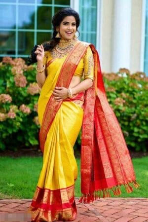Premium Quality Yellow and Red Banarashi Silk Saree