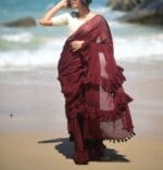 Handloom Maroon Ruffle Cotton Saree