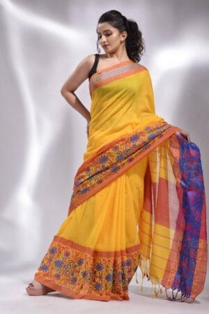 Premium Quality Begumpuri Yellow Handloom Pure Cotton Saree