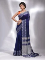 Premium Quality Blue Handloom Pure Cotton Saree With Handwoven Work