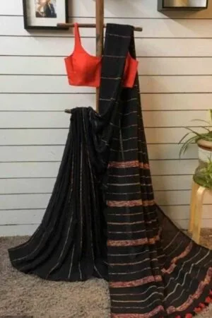 Premium Quality Red Color Handloom Cotton Sarees With Temple Border & Unstitched Blouse Piece