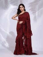 Premium Quality Maroon Handloom Pure Cotton Ruffle Saree
