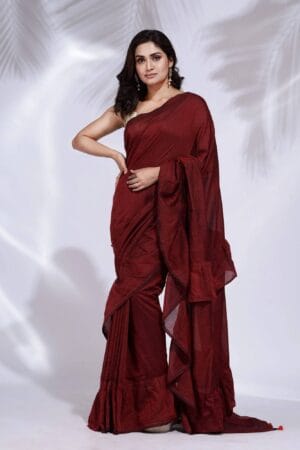 Premium Quality Maroon Handloom Pure Cotton Ruffle Saree
