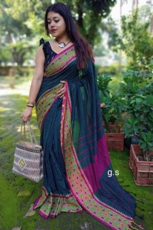 Primium Quality Green Colour Handloom Cotton Saree With Style Pallu