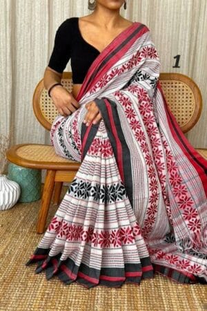 Premium Quality White Handloom Pure Cotton Saree With Handwoven Work