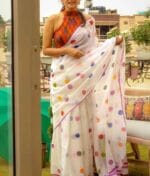 Premium Quality White Polka Dot Soft Cotton Saree