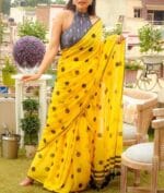 Premium Quality Black & Yellow Polka Dot Cotton Sarees