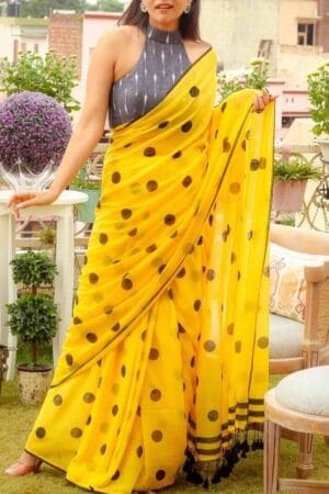 Premium Quality Black & Yellow Polka Dot Cotton Sarees