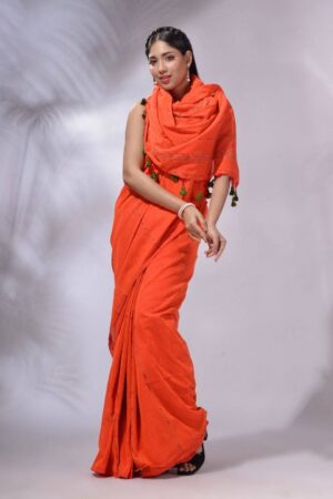 Misha Boutique Orange Handloom Cotton Silk Saree With Full Body Work