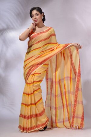 Premium Quality Yellow Handloom Cotton Saree With Full Body Woven Work