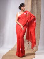 Premium Quality Red Cotton Saree With Floral Hand Print