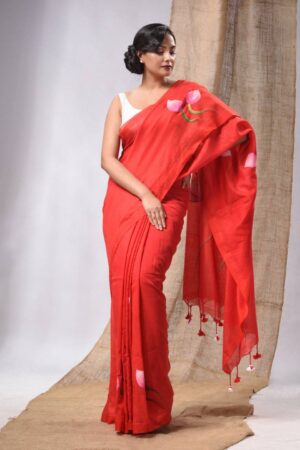 Premium Quality Red Cotton Saree With Floral Hand Print
