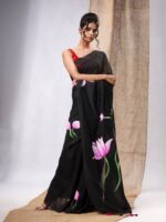 Premium Quality Black Cotton Floral Hand Print Saree