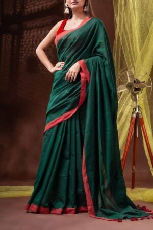 Premium Quality Green Colour Red Border Cotton Saree