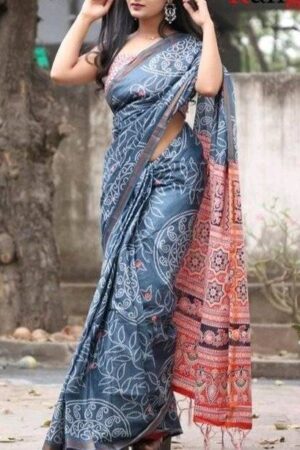 Premium Blue Mulmul Cotton Saree