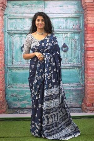 Premium Blue Mulmul Cotton Saree