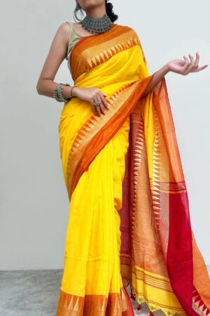 Misha Boutique Yellow Begumpuri Mul Cotton Saree