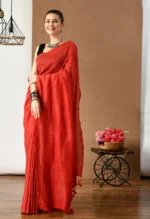 Misha Boutique Red Cotton Saree With Stripe