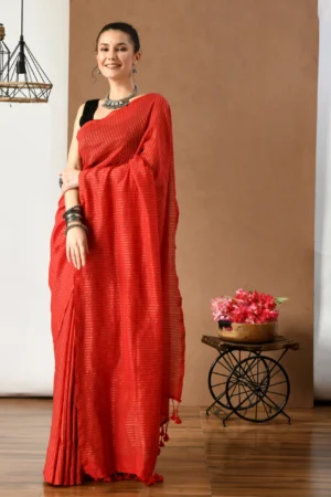 Misha Boutique Red Cotton Saree With Stripe