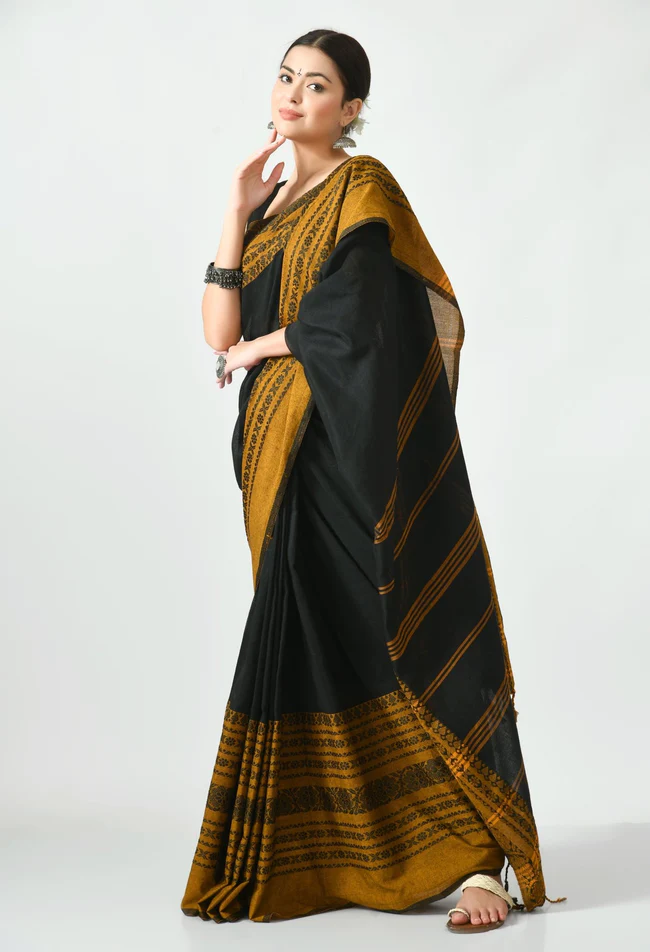 black with mustard border begumpuri khadi cotton saree