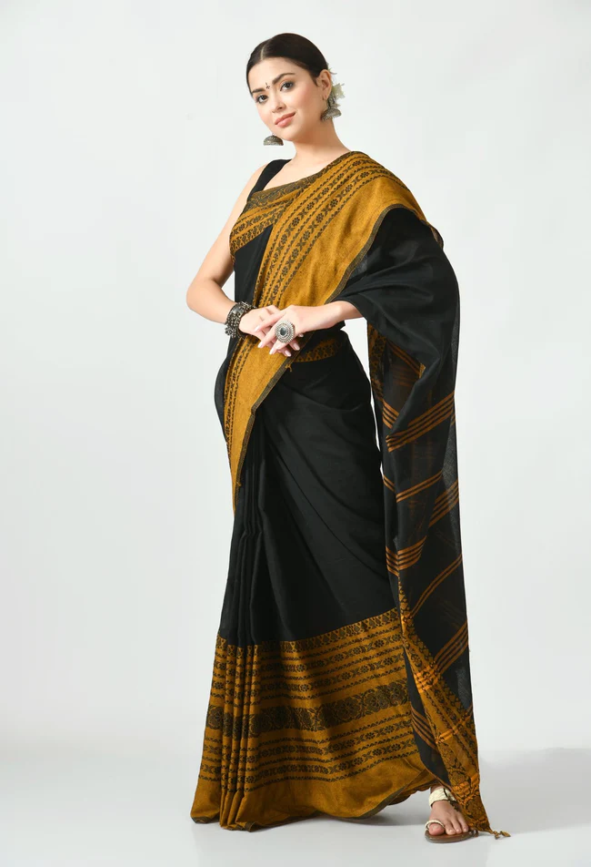 black with mustard border begumpuri khadi cotton saree