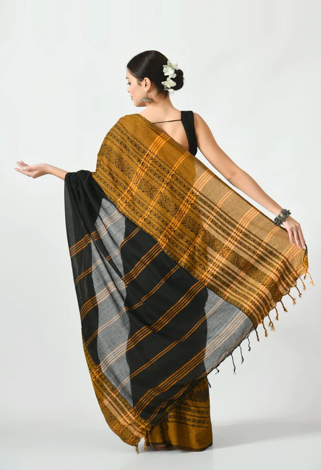 black with mustard border begumpuri khadi cotton saree