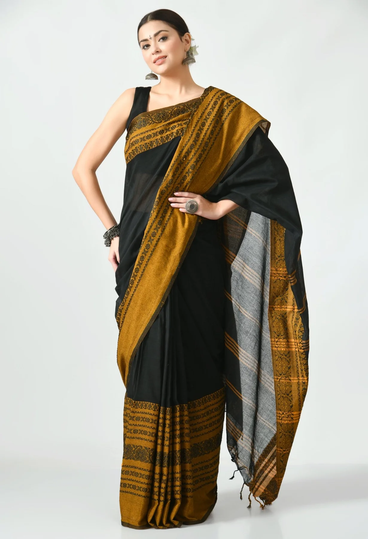 black with mustard border begumpuri khadi cotton saree