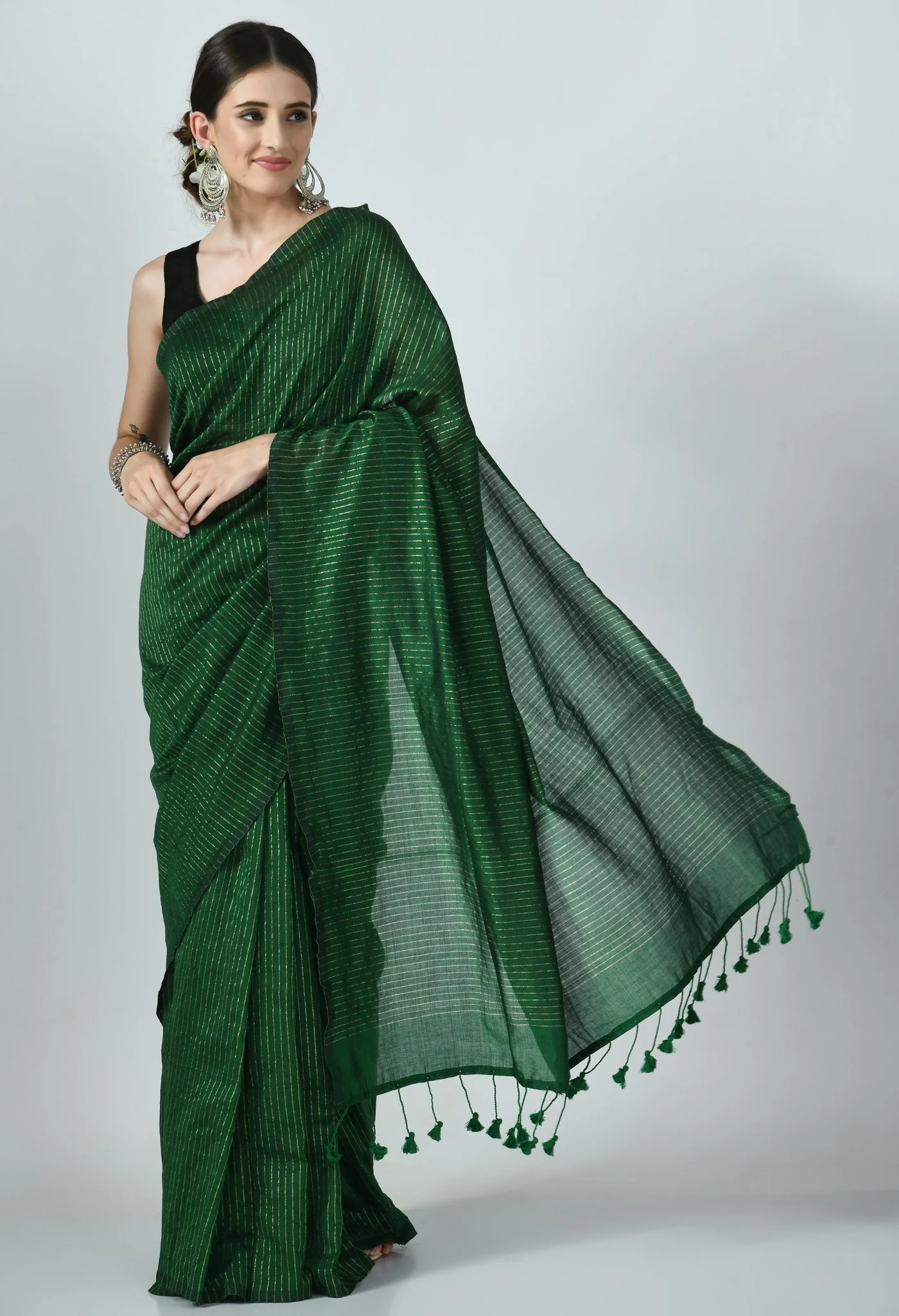 dark green bengal cotton with lurex stripes saree 506569