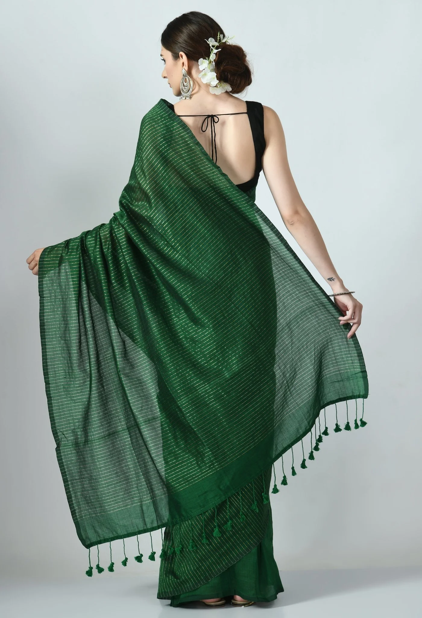 dark green bengal cotton with lurex stripes saree 700264