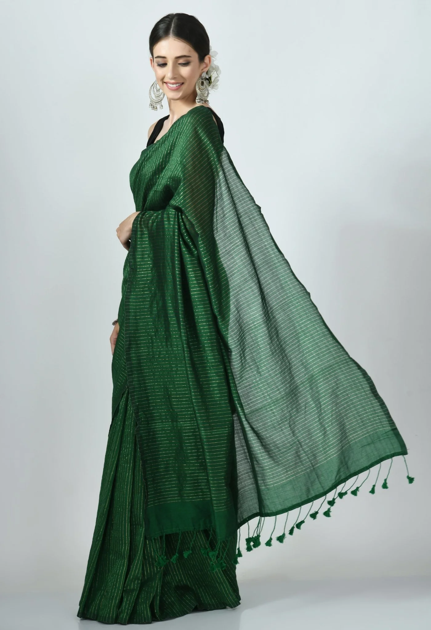 dark green bengal cotton with lurex stripes saree 916155
